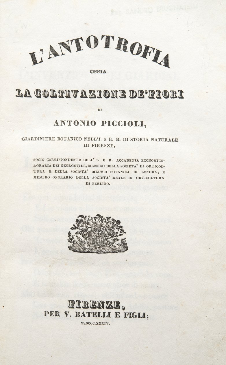Başlık Sayfası, Antonio Piccioli tarafından yazılan The Antotrophy Or The Cultivation Of Flowers, yayın 1834 (gravür) by Italian School