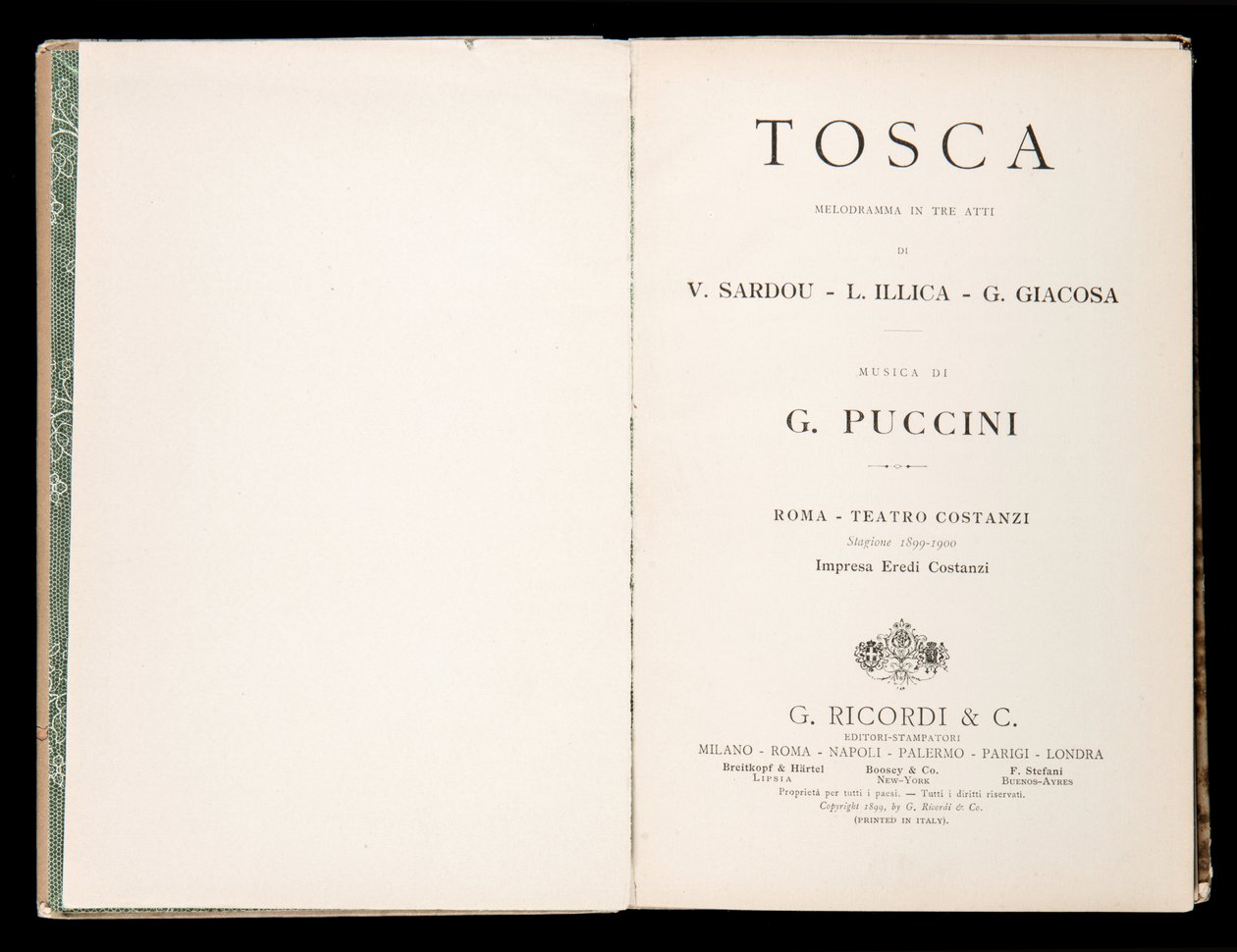 Başlık sayfası, Libretto della Tosca, Giacomo Puccini, Ricordi Edition, İtalya by Italian School