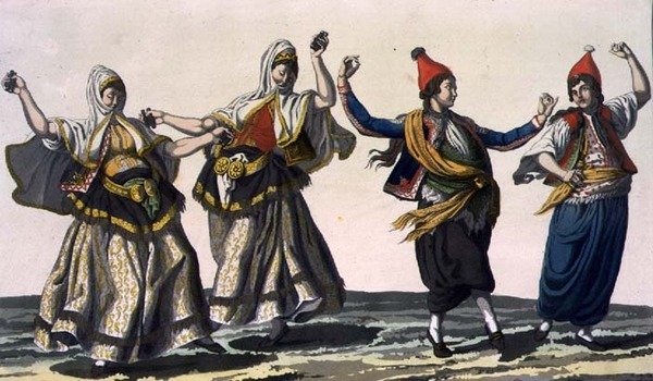 İki kadın ve iki erkek dansçı, V. Raineri (aquatint) tarafından oyulmuş 