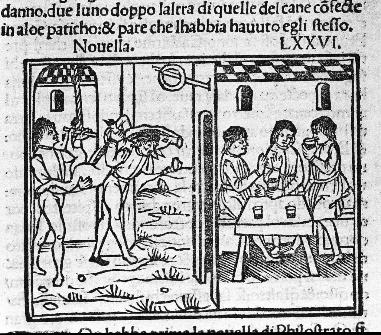 Omuzlarında domuz taşıyan iki adam. İtalyan yazar Giovanni Boccaccio dit Jean Boccaccio (1313-1375) tarafından “Decameron”un 76. haberi (sekizinci günün Yeni 6) için illüstrasyonu. Gravür “” Decamerone ouer Cento nouelle” Venedik, Bartolomeo de by Italian School