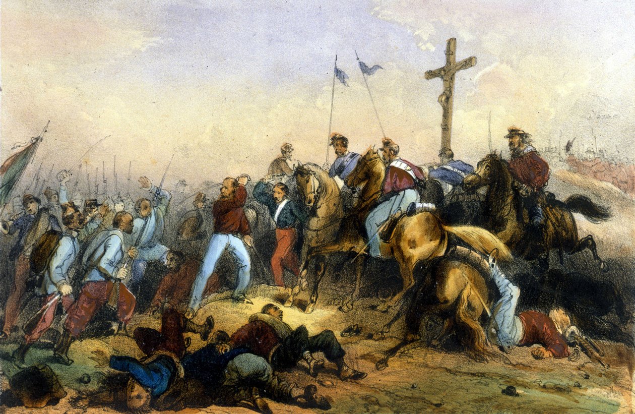 İtalya'nın Birleşmesi: 20/07/1860 tarihinde Sicilya'da Milazzo Savaşı. Giuseppe Garibaldi's Thousand, Francois II'yi yendi. 19. yüzyılın sonlarında litografi by Italian School