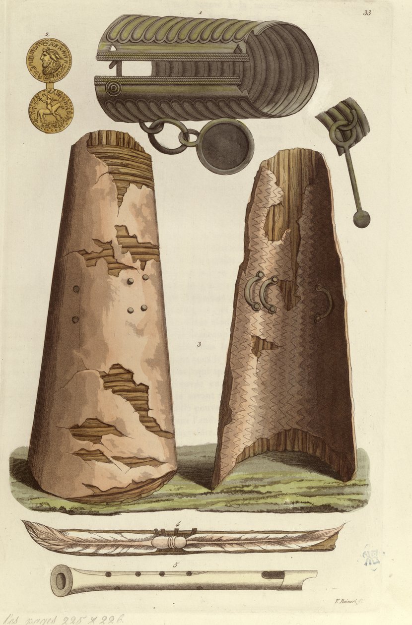 Çeşitli Viking eserleri: bronz bilezik, runik alfabeli altın madalya, kalkanlar, flütler. J. Ferrario, Milano, c. 1820 (renkli lito) by Italian School