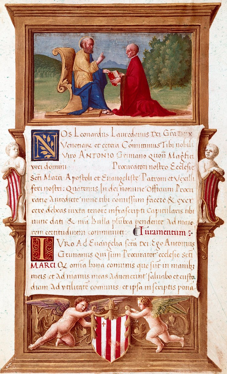 Venedik: Doge Antonio Grimani Komisyonu (1434-1523), San Marco Savcısı (Saint Mark) 16. yüzyıla ait Elyazması sayfası. Venedik, Museo Correr by Italian School