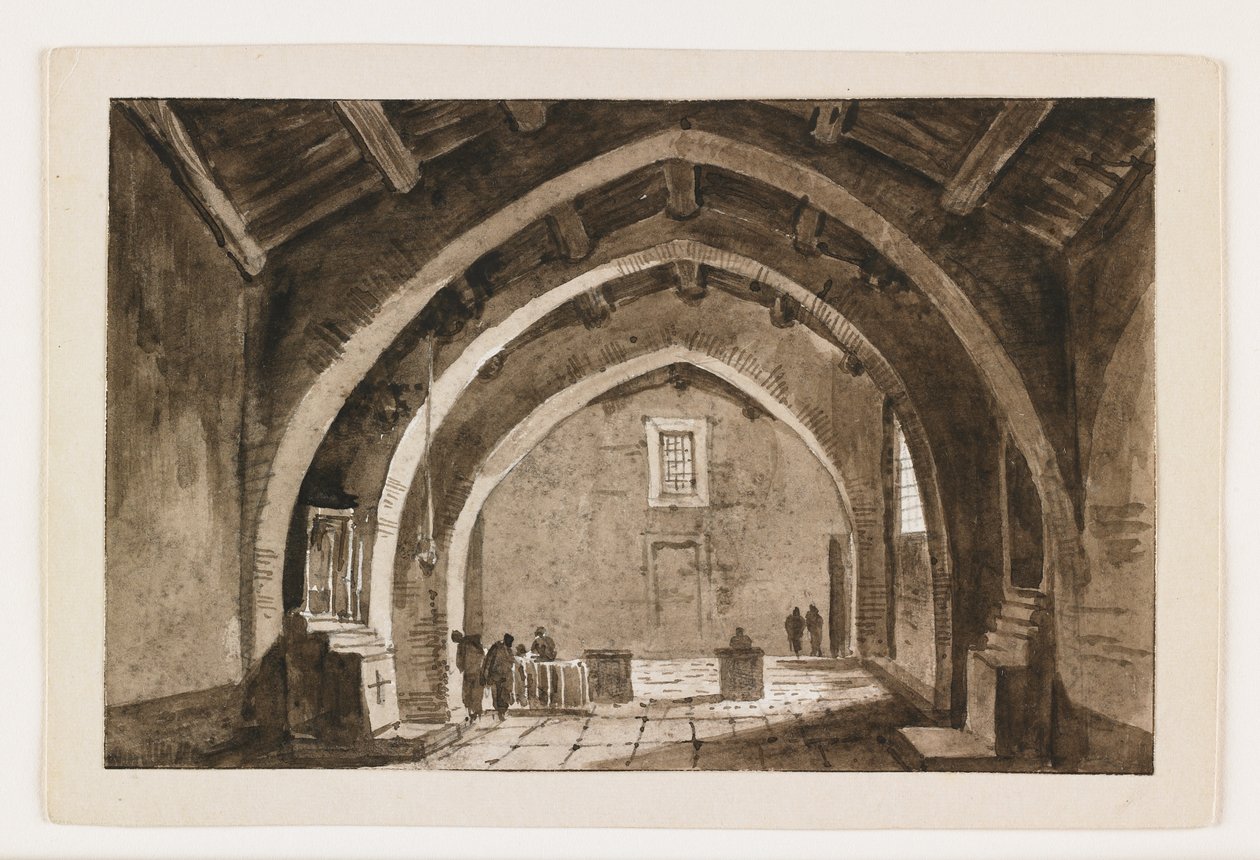 Kilise İç Görünümü, 19. yüzyılın başlarında (kalem ve kahverengi mürekkep ve siyah tebeşir üzerine yıkama) by Italian School