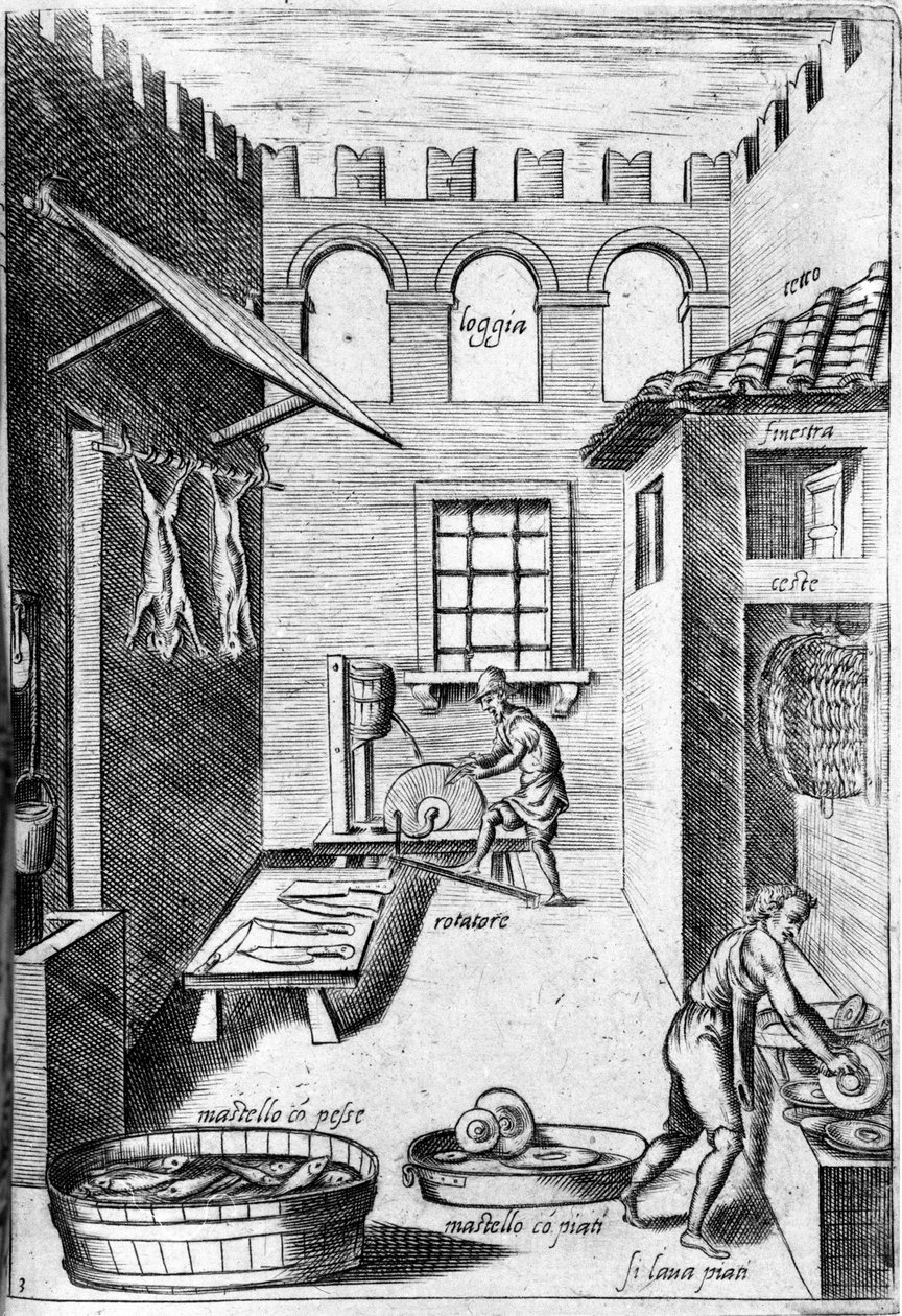 Bir mutfak görünümü. Altta bir adam bıçakları keskinleştirirken diğerinin önünde tabakları yıkıyor. Papa Pius V. Venedik
