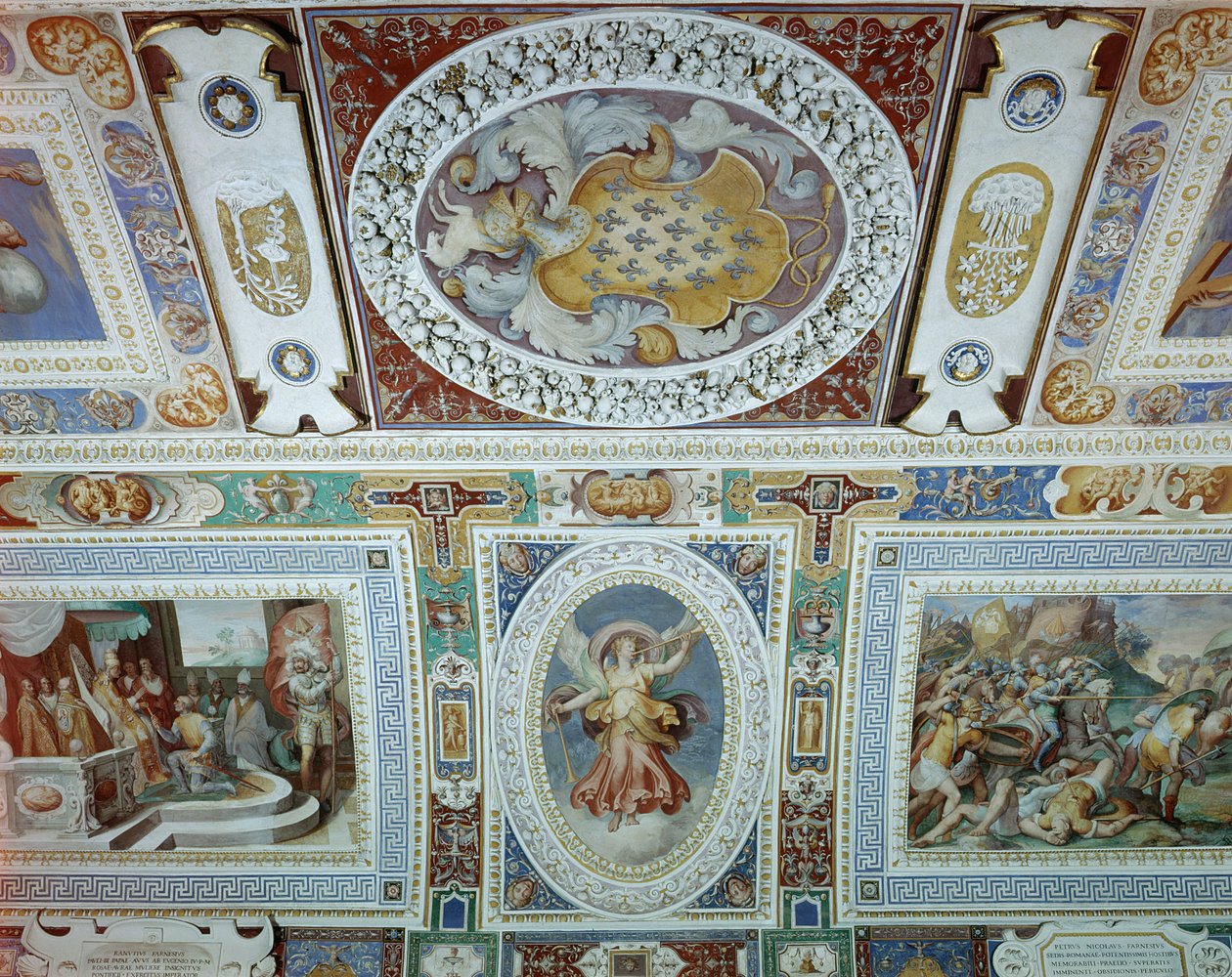 Onofrio Panvinio tarafından tasarlanan ve Taddeo (1529-66) ve Federico Zuccaro (1540-1609) 1557-83 tarafından fresklenen Sala dei Fasti Farnese (Farnese İhtişam Salonu) görünümü (detay) by Italian School