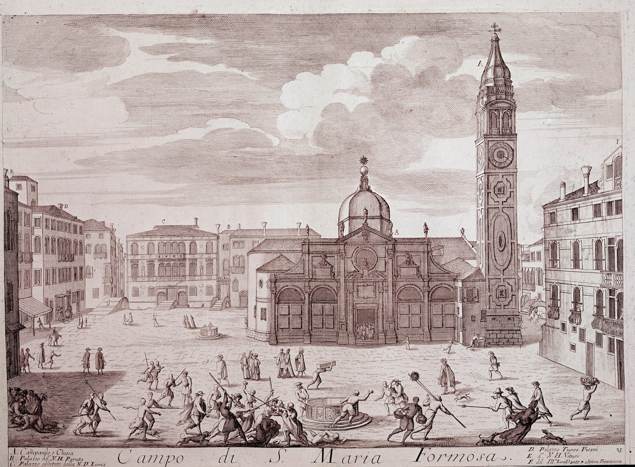 Santa Maria Formosa kilisesinin meydanının görünümü bir Venedik “Teatro di Venezia”dan oyma 18. yüzyıl Venedik, Museo Correr by Italian School