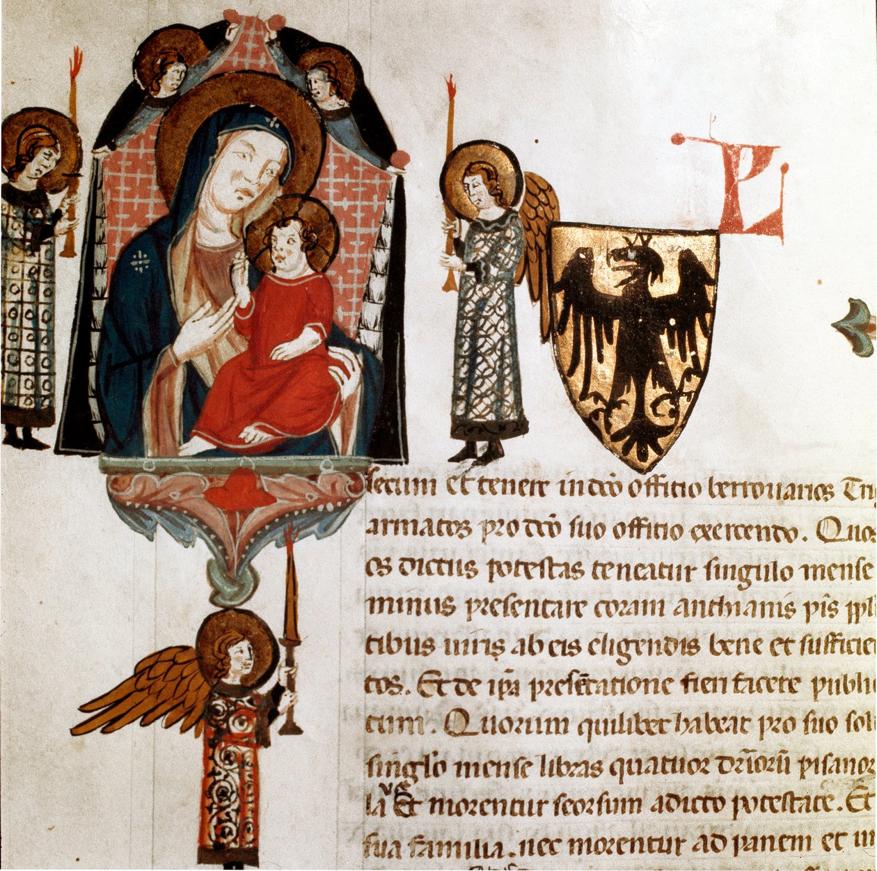 Bakire ve Çocuk Detayı. “” Breve Populi et Compagniarum Pisani Communis ” (Pisa Şehri Statüsü) 1300-1308 Pisa devlet arşivinden alınan minyatür by Italian School