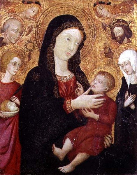 S. Bernadino, Sigismund, Clare ve Crescentius ile Bakire ve Çocuk, 15. yüzyılın 2. yarısı (panelde sıcaklık) by Italian School