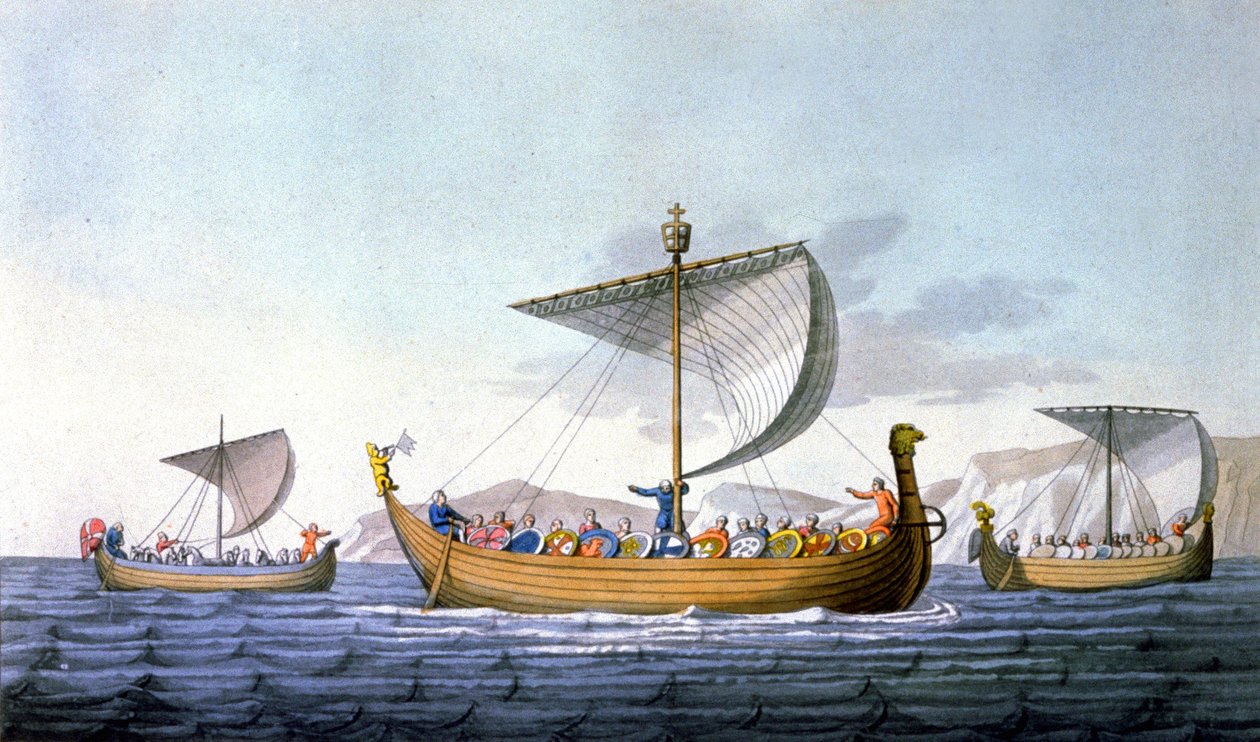 Fatih William ve Donanması, İngiltere'ye gidiyor, J. Ferrario'nun 'Le costume ancien ou moderne' adlı eserinden illüstrasyon, Milano, c.1820 (renkli gravür) by Italian School