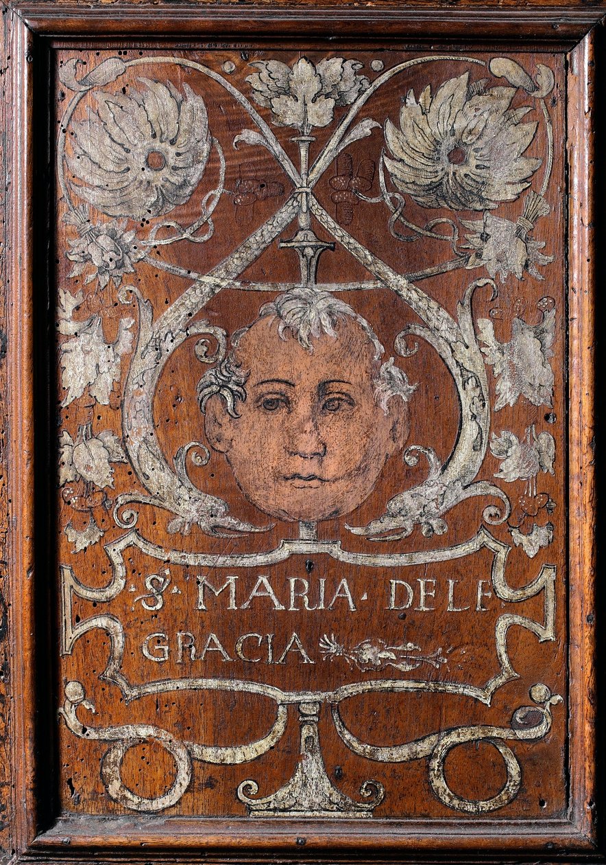 Bir yüz ve "Santa Maria delle Gracia" "yazıtı olan ahşap plaka dekoru, sacristy del bramante 1429-1481 Basilica di Santa Maria delle Grazie Milan (bir yüz ve "Santa Maria delle Gracia "" yazıtı ile süslenmiş ahşap tezgah, Bramante sacrist by Italian School