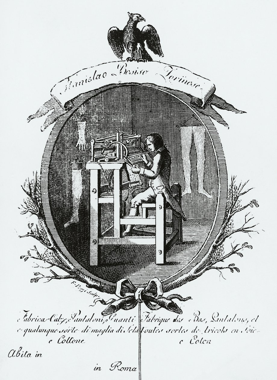 Tezgahta çalışan, Resim reklamı Stanislaus Bosisio Torinese, Çorap, Pantolon, Eldiven ve her türlü ipek ve pamuklu triko üreticisi, Gravür, İtalya by Italian School