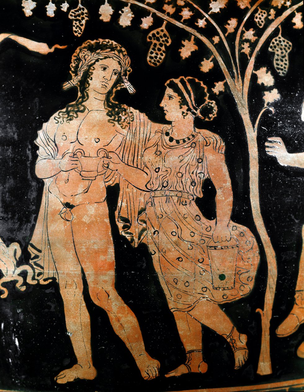 Puglia'daki (Puglia) Ruvo'dan bir vazo detayı, bir çift genç evli çifti tasvir ediyor. Ellerinde bir bardak şarap tutuyorlar. MÖ 4. yüzyıl Museo Archeologico Nazionale Napoli by Italic