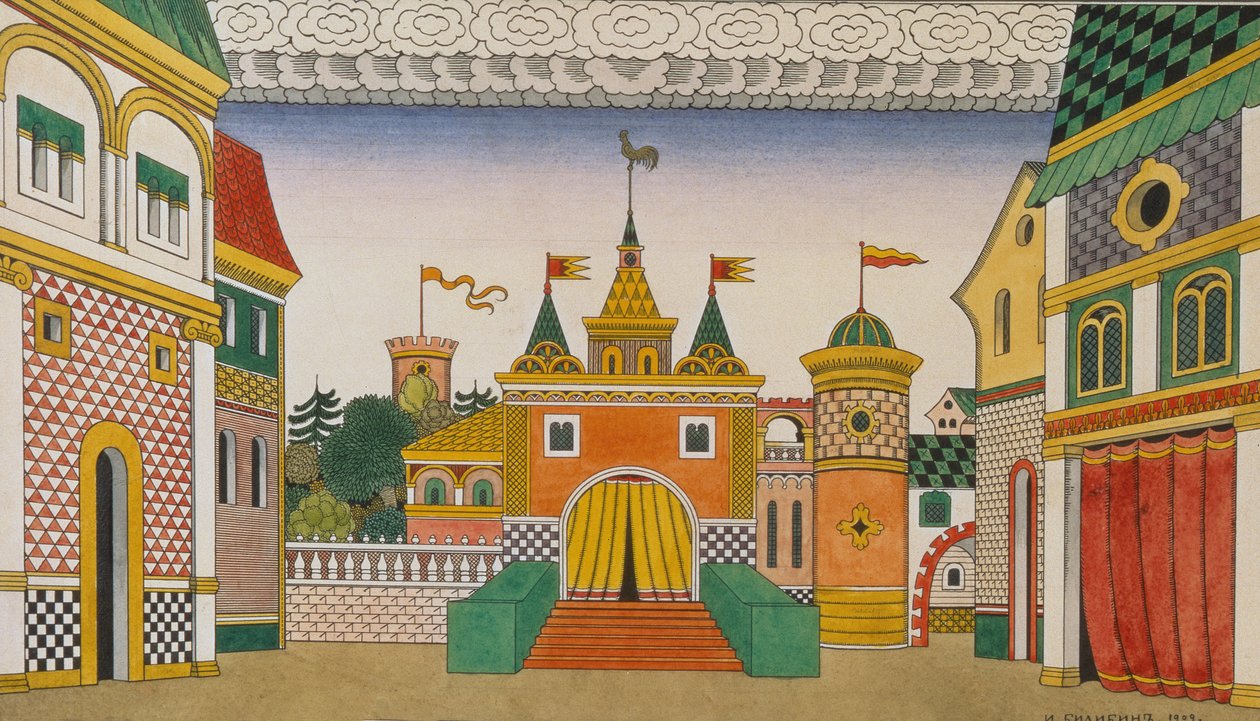 ನಿಕೊಲಾಯ್ ರಿಮ್ಸ್ಕಿ-ಕೊರ್ಸಕೋವ್ (1844-1908), 1909 (ಡಬ್ಲ್ಯೂಸಿ ಮತ್ತು ಗೌಚೆ ಆನ್ ಪೇಪರ್) ಟರ್ಕ್‌ನಿಂದ ಒಪೆರಾ, ದಿ ಗೋಲ್ಡನ್ ಕಾಕೆರೆಲ್‌ಗಾಗಿ ಸ್ಕೆಚ್ by Ivan Yakovlevich Bilibin