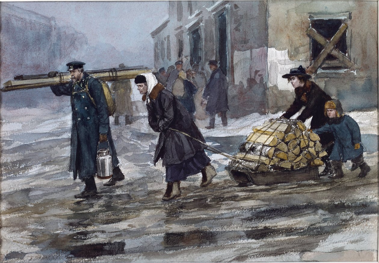 Vladimirov, Ivan Alexeyevich (1869-1947) tarafından eve biraz yakıt sürükleyen bir mühendis ailesi. Suluboya, Kağıt Üzerine Guaj by Ivan Alexeyevich Vladimirov