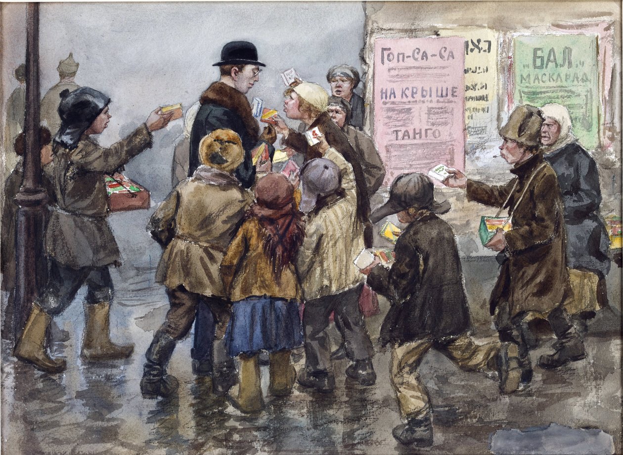 Vladimirov, Ivan Alexeyevich (1869-1947) tarafından Petrograd'da sigara satıcılarının saldırısına uğrayan bir yabancı. Suluboya, Kağıt Üzerine Guaj by Ivan Alexeyevich Vladimirov