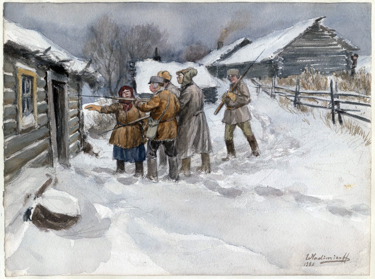 Avant la perquisition et la saisie - Arama ve el koymadan önce (Rus devrimi suluboya serisinden) - Vladimirov, Ivan Alexeyevich (1869-1947) - 1920 - Kağıt üzerine suluboya - 25,6x34,3 - Özel Koleksiyon by Ivan Alexeyevich Vladimirov