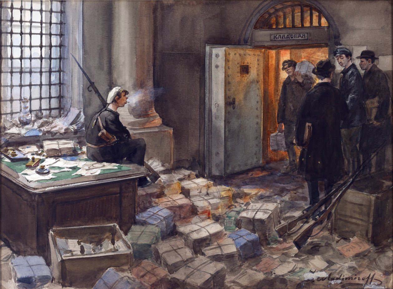 Vladimirov, Ivan Alexeyevich (1869-1947) tarafından Petrograd'daki Wawelberg Bankasında Tahvil Müsaderesi. Suluboya, Kağıt Üzerine Guaj by Ivan Alexeyevich Vladimirov
