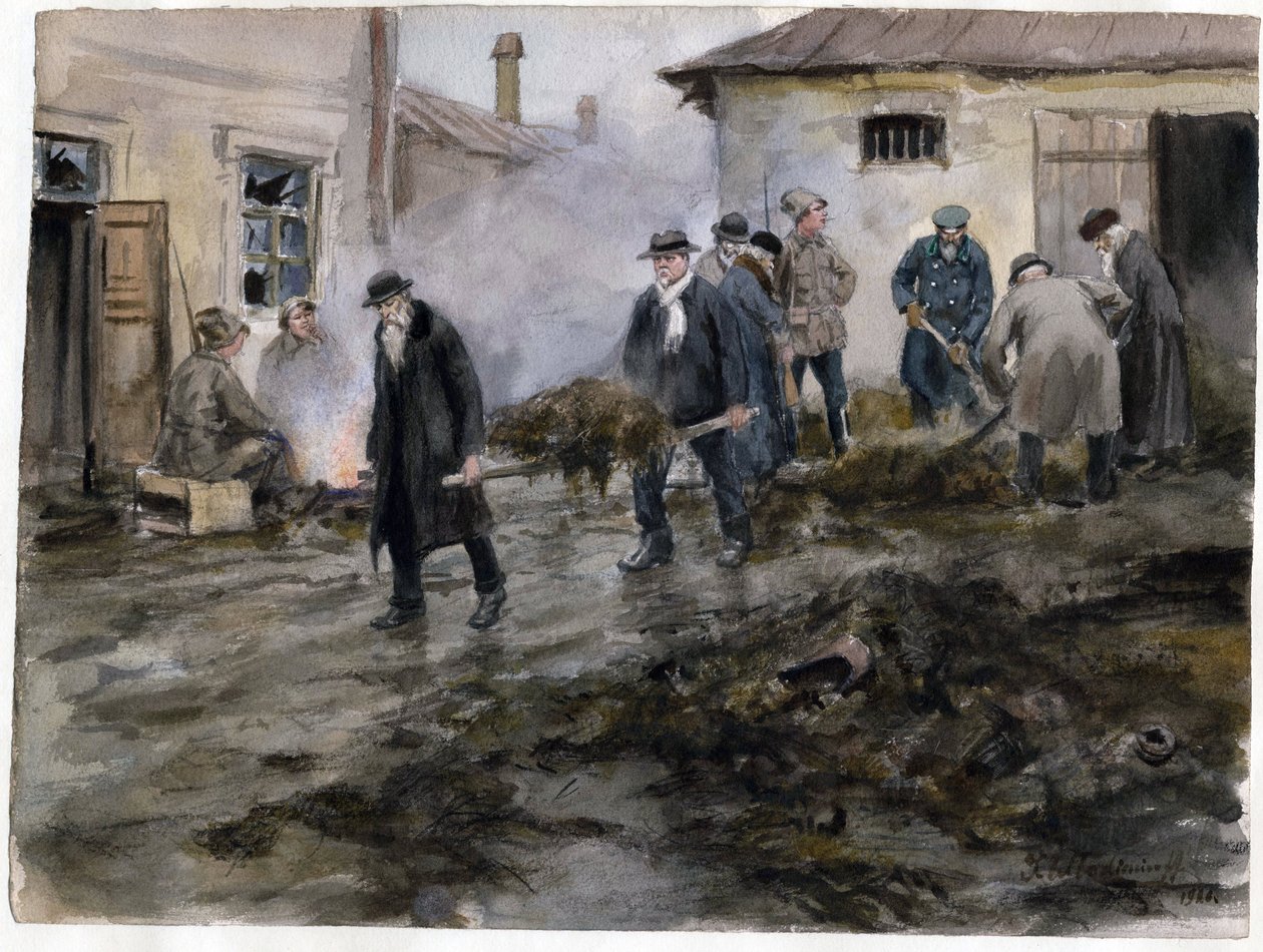 Bourgeois nettoyant une etable - Ahırları temizleyen burjuvazi (Rus devrimi suluboya serisinden) - Vladimirov, Ivan Alexeyevich (1869-1947) - 1920 - Kağıt üzerine suluboya - 25,8x34,4 - Özel Koleksiyon by Ivan Alexeyevich Vladimirov