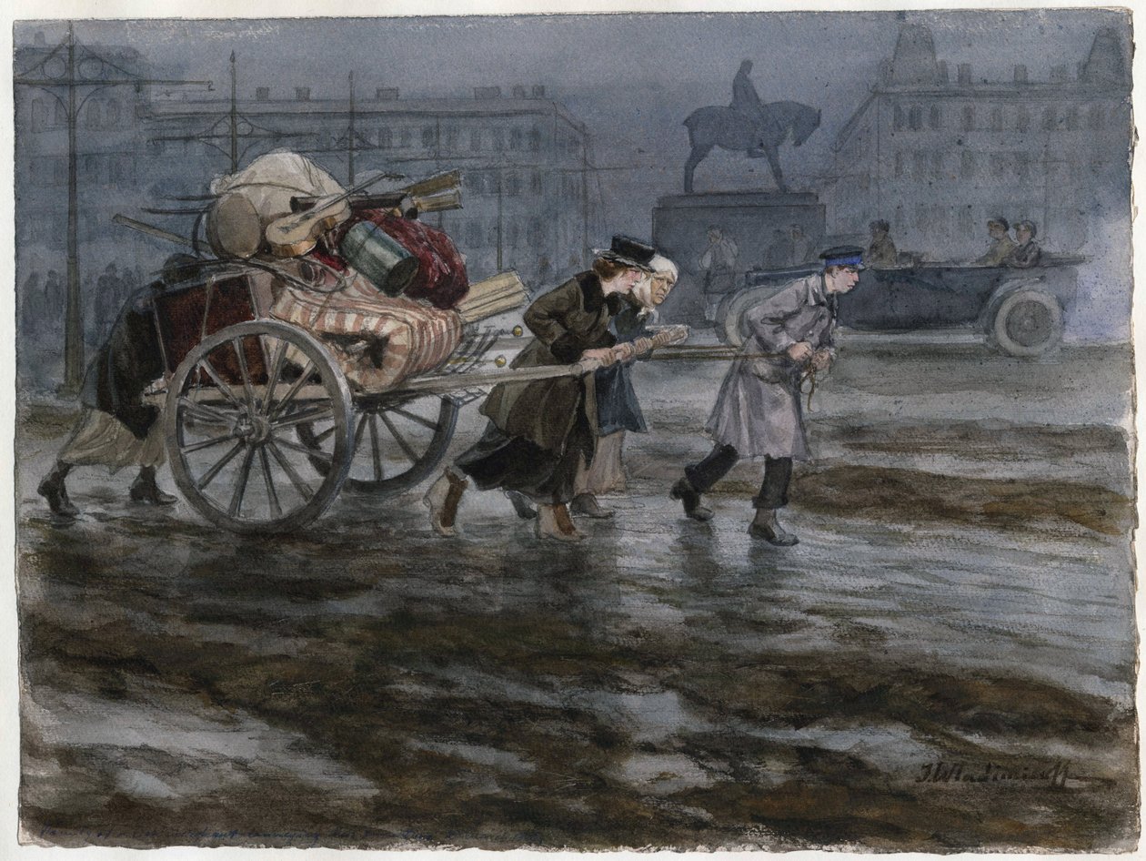 Famille demenageant ses Affairs dans une charrette a bras - Eşyalarını arabada taşıyan aile (Rus devrimi suluboya serisinden) - Vladimirov, Ivan Alexeyevich (1869-1947) - 1917-1918 - Kağıt üzerine suluboya - 25,9x34,3 - özel koleksiyon by Ivan Alexeyevich Vladimirov