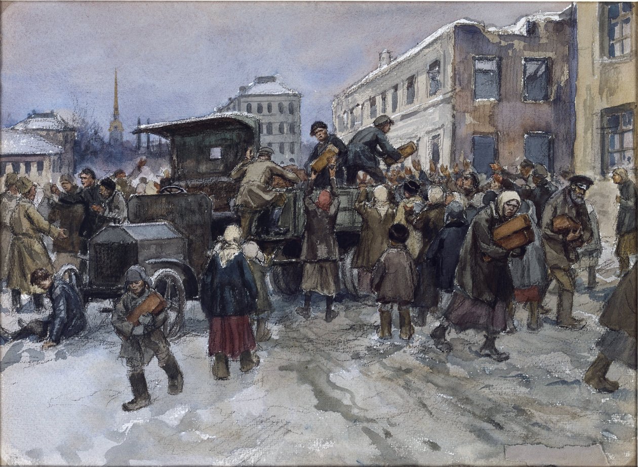 Petrograd'da Vladimirov, Ivan Alexeyevich (1869-1947) tarafından askeri bir ekmek kamyonunu soyan aç işçiler. Suluboya, Kağıt Üzerine Guaj by Ivan Alexeyevich Vladimirov