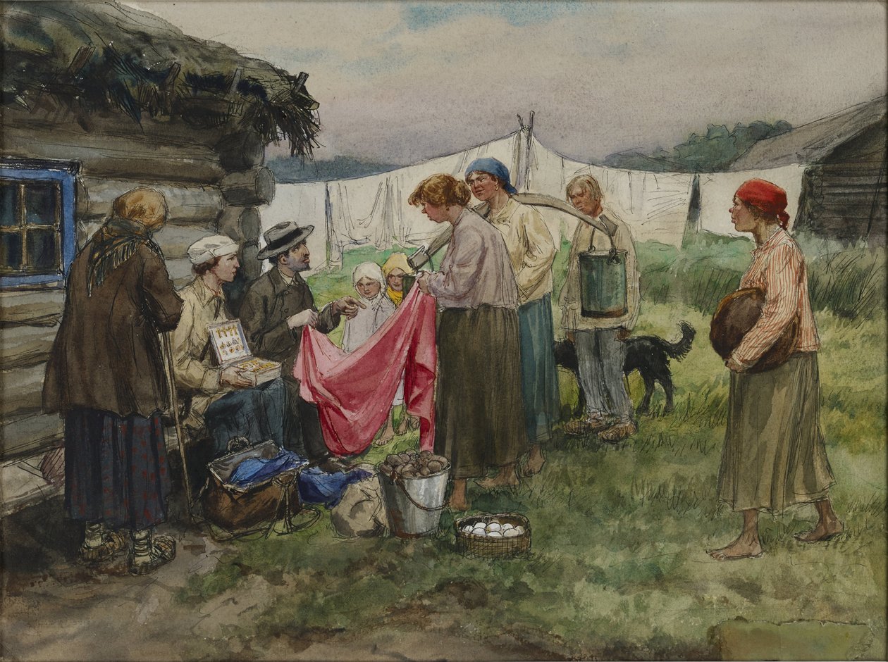 Petrograd'da aç yıllar. Vladimirov, Ivan Alexeyevich (1869-1947) tarafından bir tren istasyonunun yakınındaki bir köyde erzak için mal değiştirme. Suluboya, Kağıt Üzerine Guaj by Ivan Alexeyevich Vladimirov