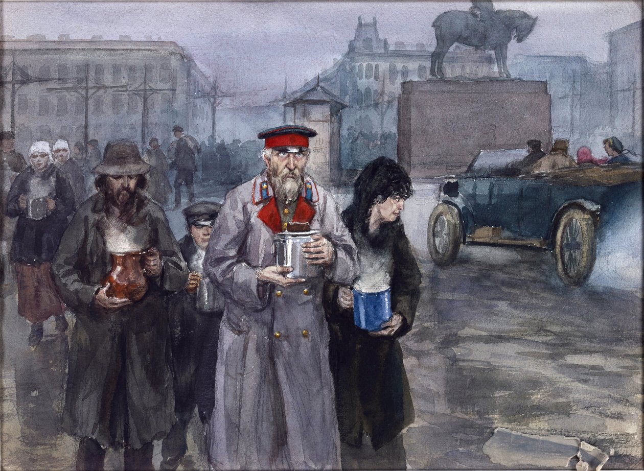 Petrograd'da aç yıllar. Vladimirov, Ivan Alexeyevich (1869-1947) tarafından ortak bir aşevinden dönüş. Suluboya, Kağıt Üzerine Guaj by Ivan Alexeyevich Vladimirov