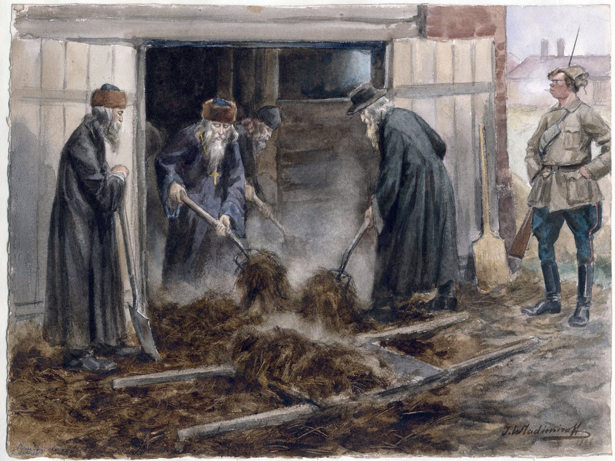 Le clerge russe pelletant le fumier - Rus din adamları saman kürekle: Eylül 1918 (Rus devrimi suluboya serisinden) - Vladimirov, Ivan Alexeyevich (1869-1947) - 1918 - Kağıt üzerine suluboya - 25,8x34,3 - Özel Koleksiyon by Ivan Alexeyevich Vladimirov