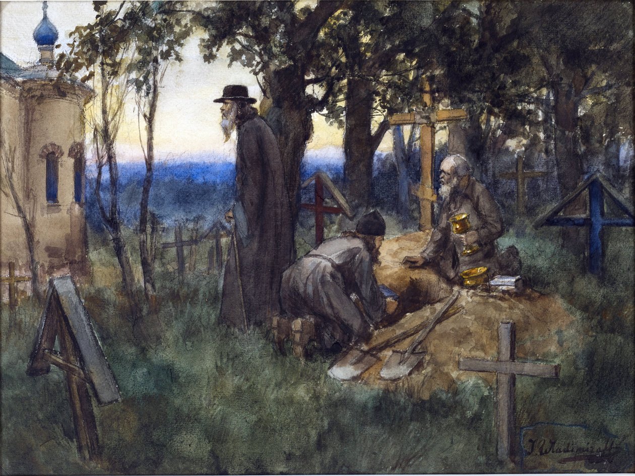 Vladimirov, Ivan Alexeyevich (1869-1947) tarafından bir mezarlıkta yeni bir mezarda kilise hazinelerini saklayan din adamları. Suluboya, Kağıt Üzerine Guaj by Ivan Alexeyevich Vladimirov