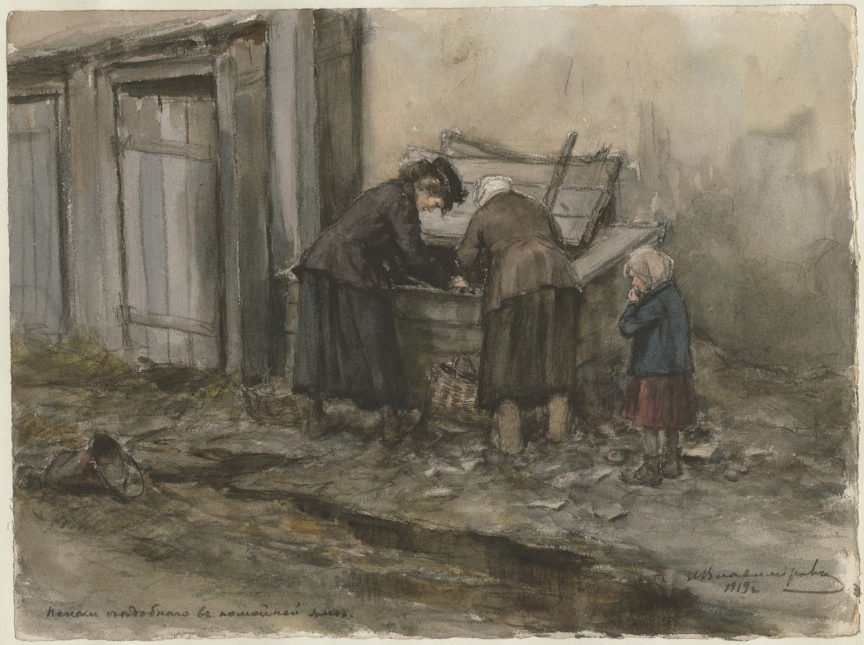 Rus devrimi suluboya serisinden iki kadın ve bir çocuk çöp kutusunu arıyor by Ivan Alexeyevich Vladimirov