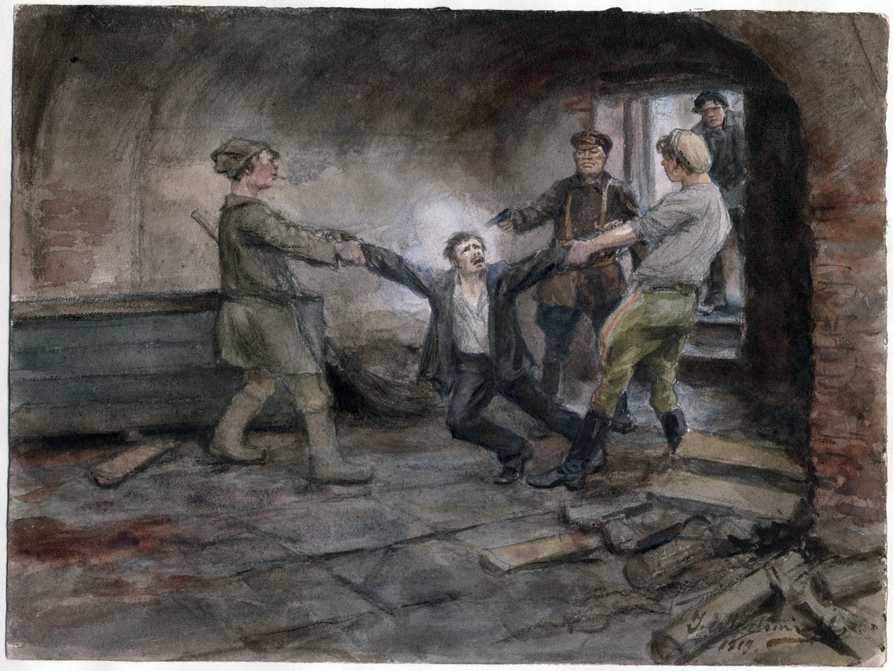 Un detenu emmene pour etre infaz - Adam tutuluyor ve idam ediliyor (Rus devrimi suluboya serisinden) - Vladimirov, Ivan Alexeyevich (1869-1947) - 1919 - Kağıt üzerine suluboya - 25,7x34,5 - Özel Koleksiyon by Ivan Alexeyevich Vladimirov