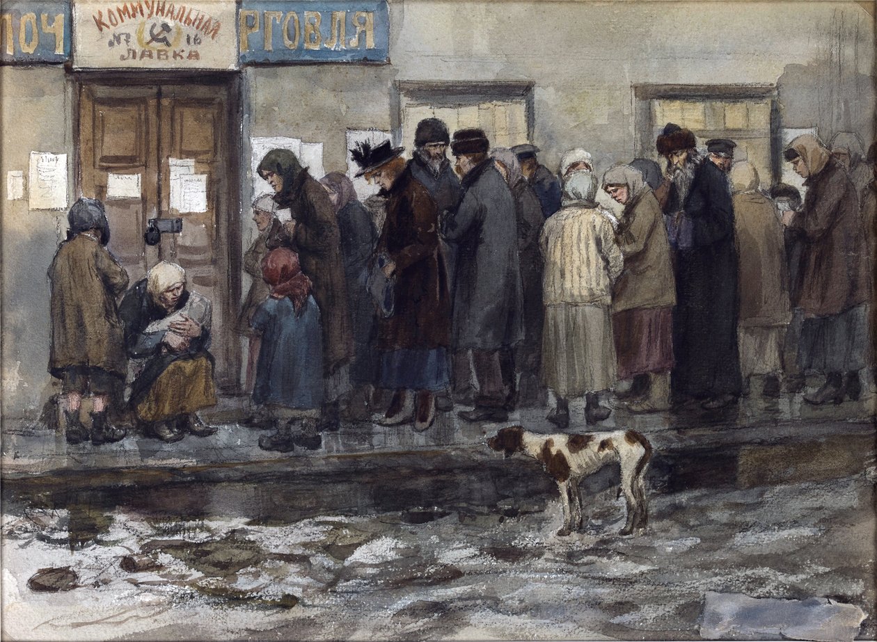 Vladimirov, Ivan Alexeyevich (1869-1947) tarafından sekizde bir ekmek almayı bekliyor. Suluboya, Kağıt Üzerine Guaj by Ivan Alexeyevich Vladimirov