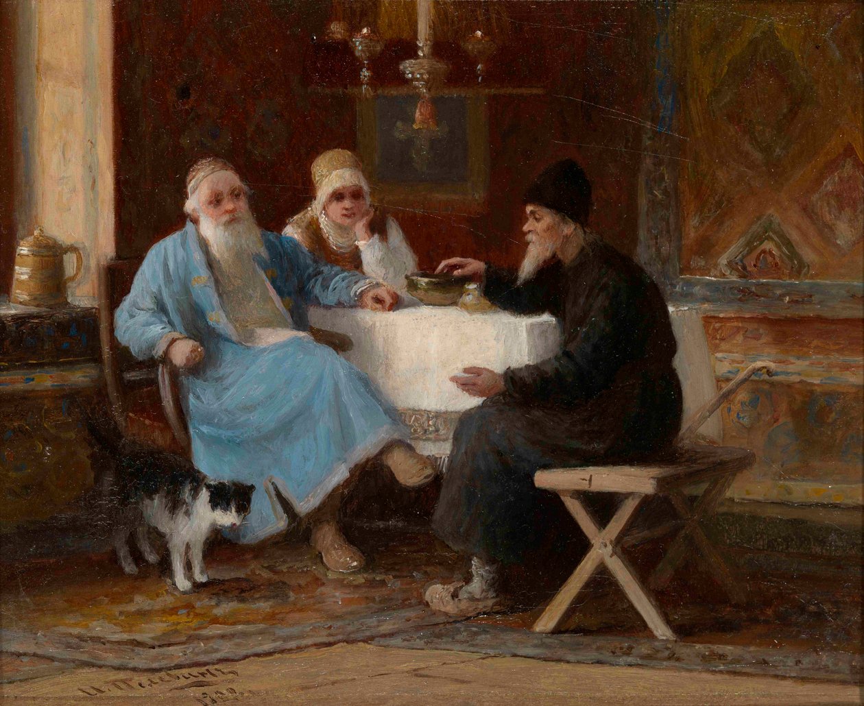 ""Konuşma"" Bir masada üç figür - Tablo Ivan Andreyevich Pelevin (1840-1917) 1909 Soluk 15x20 cm Özel koleksiyon by Ivan Andreevich Pelevin