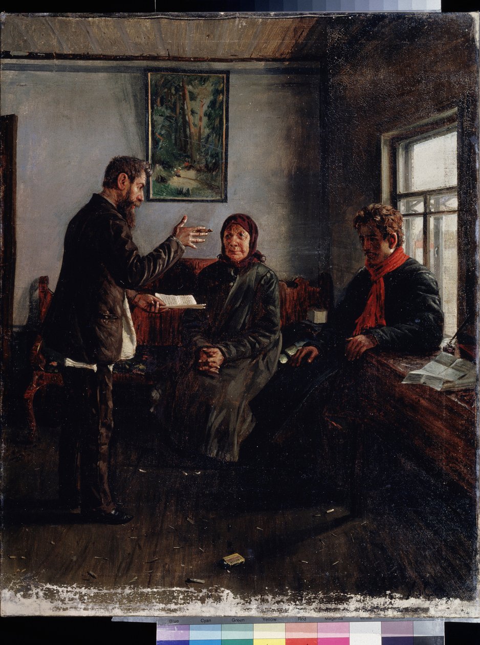 Avukatın ofisinde. Tablo Ivan Anisimovich Mukhin (1876-1944), tuval üzerine yağlı boya, 19. yüzyıl Rus sanatı. Eyalet Bölgesi I. Pozhalostin Sanat Müzesi, Ryazan (Rusya) by Ivan Anisimovich Mukhin