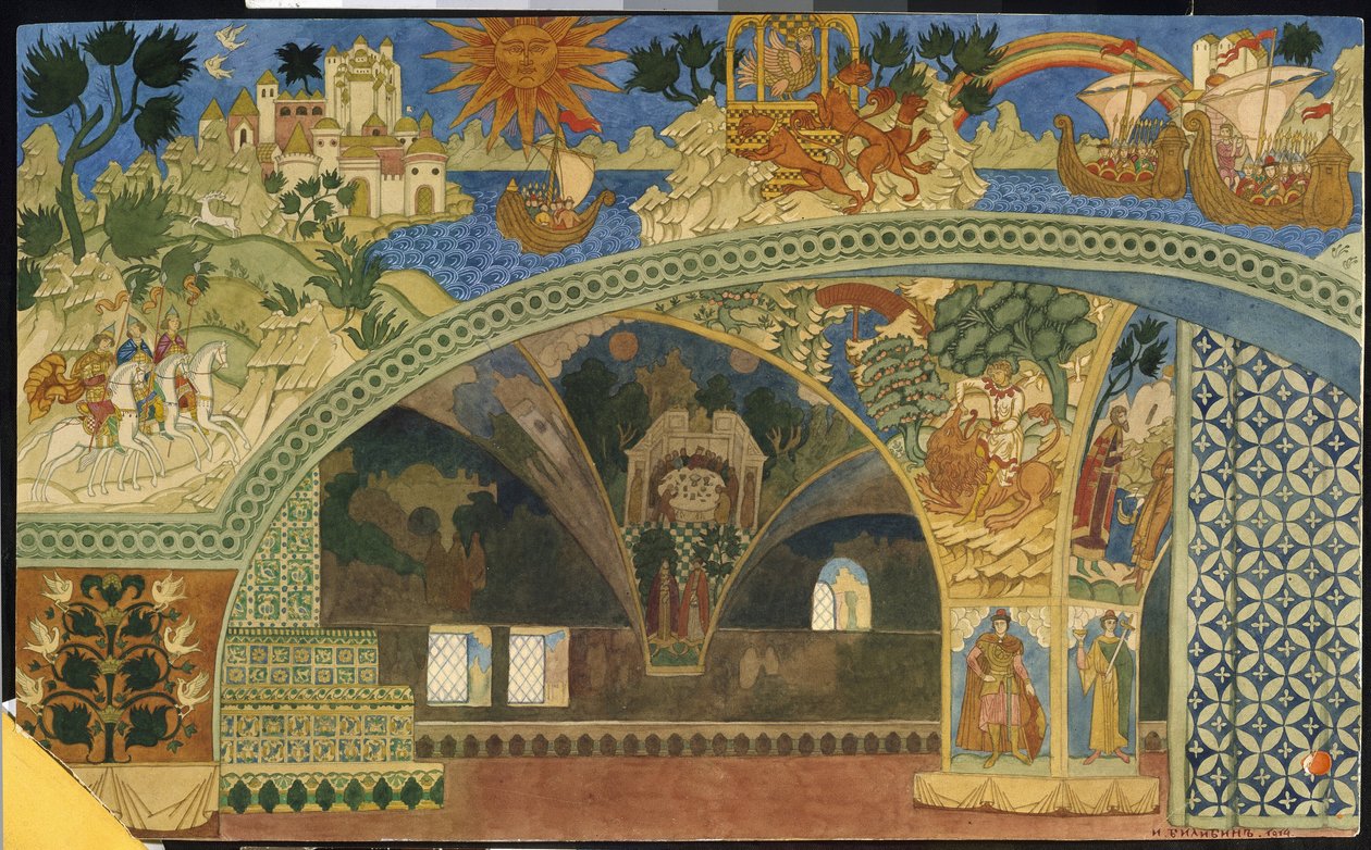 Nicolas (Nikolai) Rimski Korsakov (Rimski-Korsakov) (1844-1908) tarafından "Sadko" operası için dekor. Oeuvre, Ivan Yakovlevich Bilibin (Bilibine) (1876-1942), kağıt üzerine suluboya by Ivan Yakovlevich Bilibin