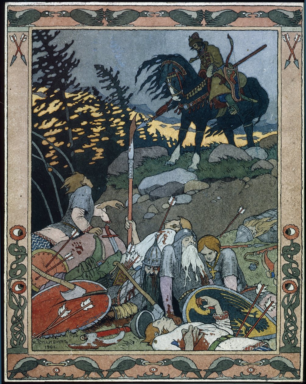 Maria des mers peri masalı için çizim (Masal Marya Morevna için çizim). Prens Ivan, savaşçı kraliçe Maria Morevna tarafından mağlup edilen orduyu keşfeder. Ivan Yakovlevich Bilibin (Bilibin) (1876-1942), kağıt üzerine suluboya ve mürekkep çalışması by Ivan Yakovlevich Bilibin