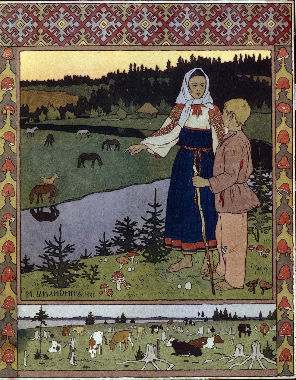 Geleneksel masal Alyonouchka ve Ivanouchka için illüstrasyon. Ivan Yakovlevich Bilibin (Bilibin) (1876-1942), litografi çalışması by Ivan Yakovlevich Bilibin