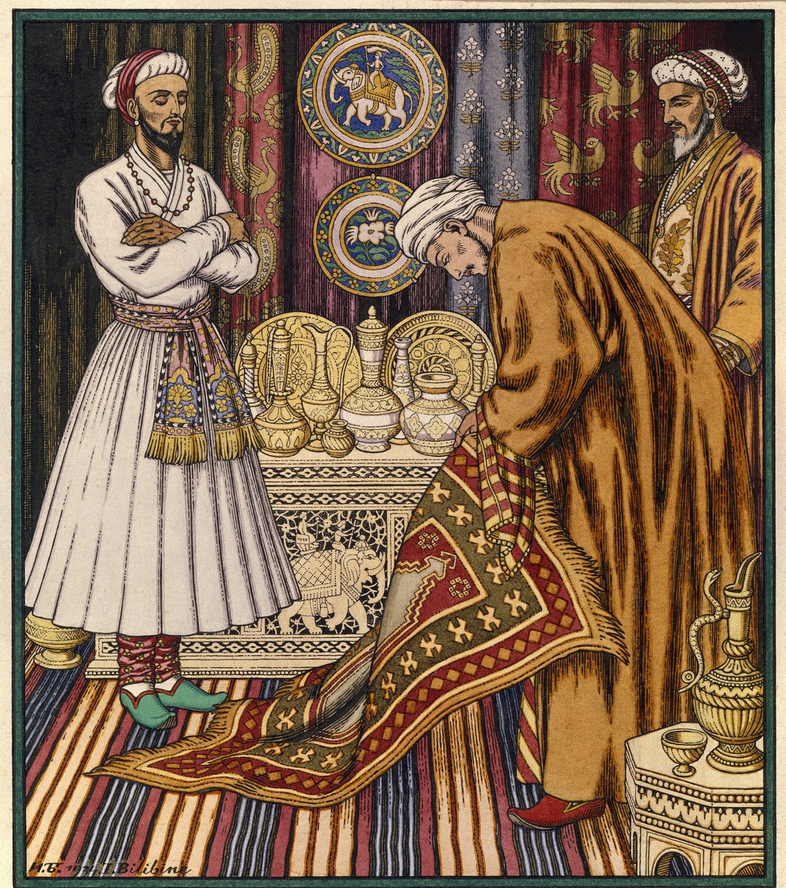 Prens Ali sihirli bir halı satın alır. Bir Arap masalı için illüstrasyon. (Prens Ali bir halı alıyor). Ivan Yakolevich Bilibin