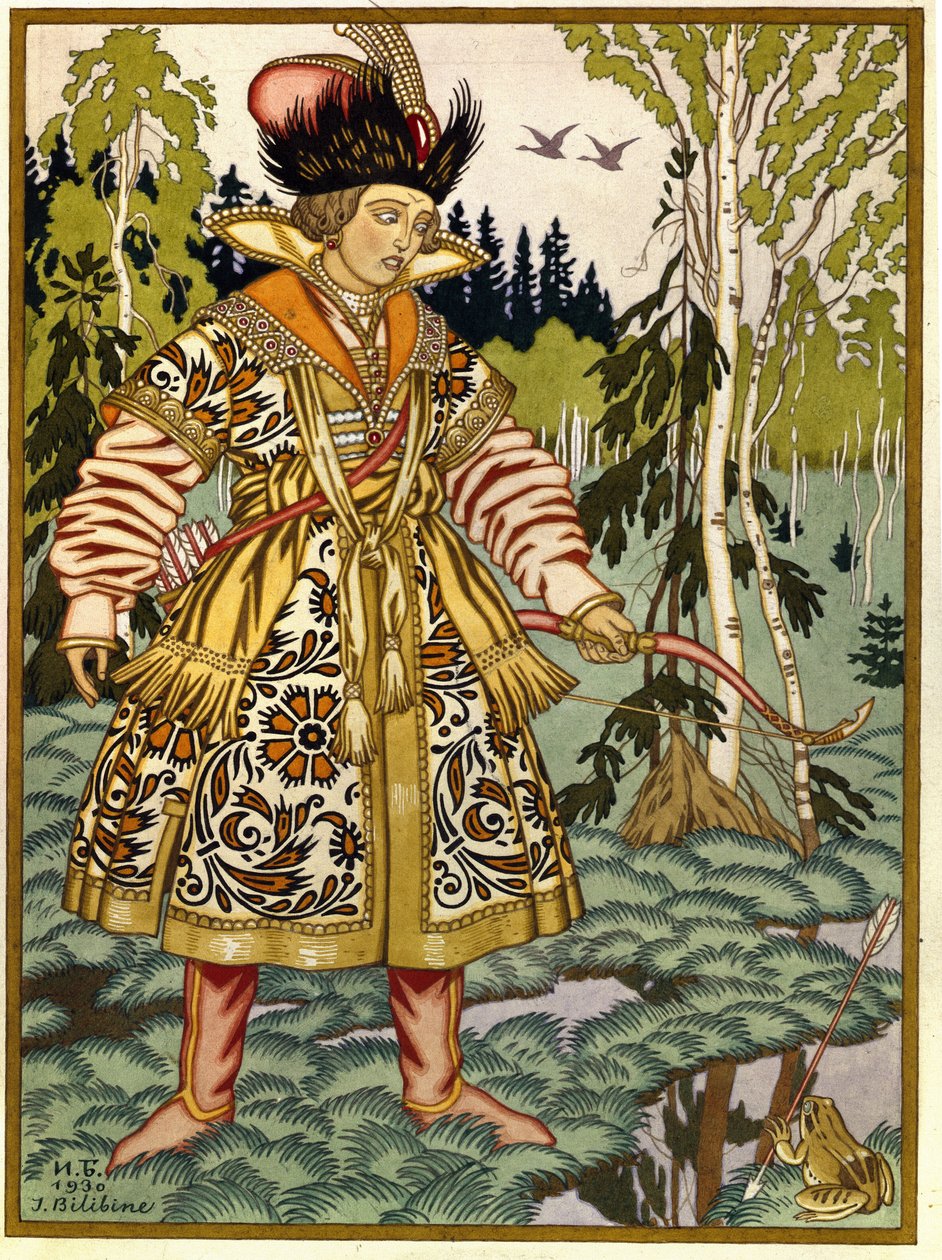 Prens Ivan ve Kurbağa Prenses. (Ivan Tsarevich ve Kurbağa Prenses). Rus geleneksel masalı. Ivan Yakovlevich Bilibin (Bilibin) (1876-1942), kağıt üzerine suluboya ve guaj çalışması by Ivan Yakovlevich Bilibin