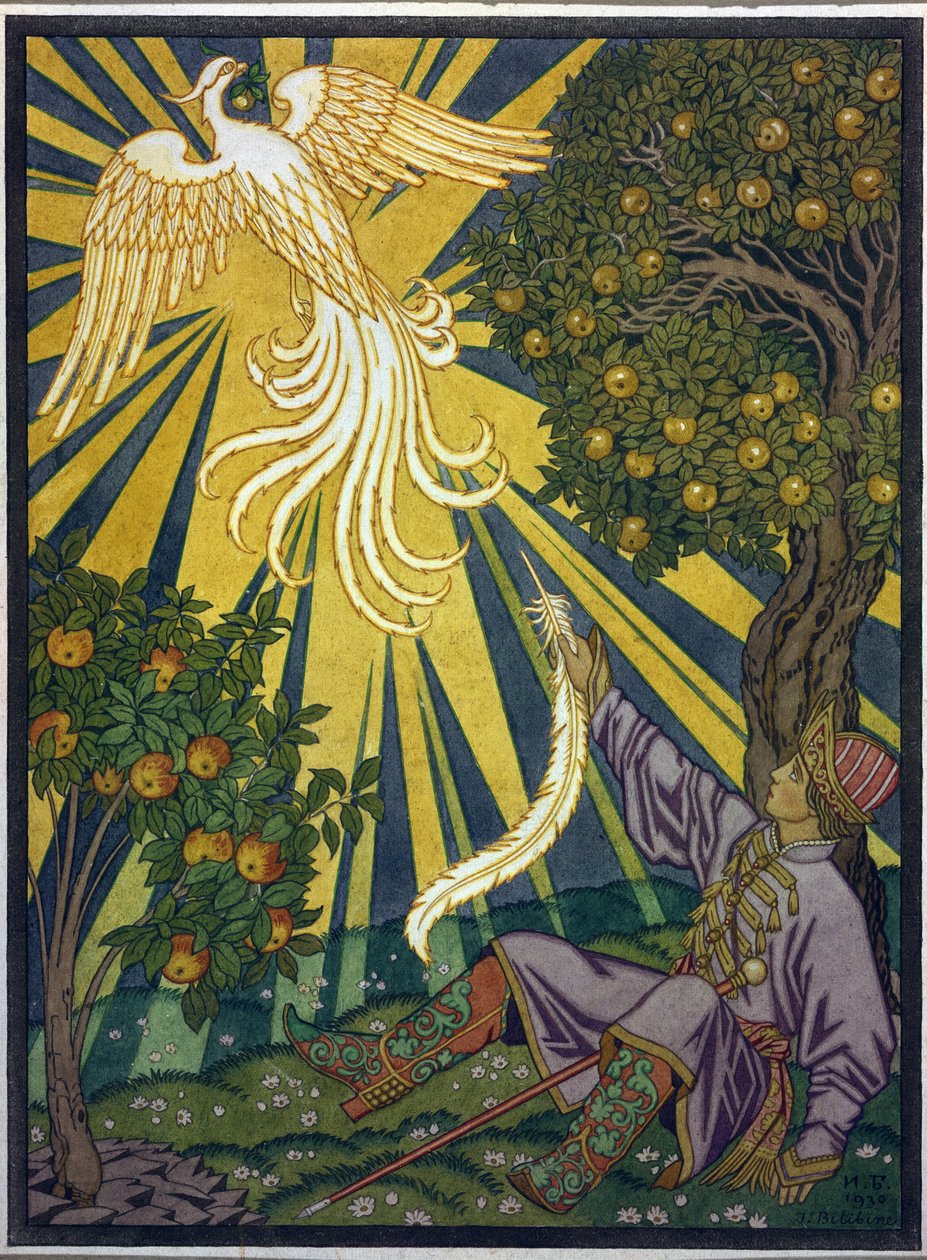 Prens ateş kuşundan bir tüy alır. ""Ivan Tsarevich, Firebird ve Gri Kurt"" masalı için illüstrasyon. Ivan Yakovlevich Bilibin (Bilibin) (1876-1942), kağıt üzerine suluboya ve guaj çalışması. Rus sanatı, 20. yüzyıl, sembolizm. by Ivan Yakovlevich Bilibin