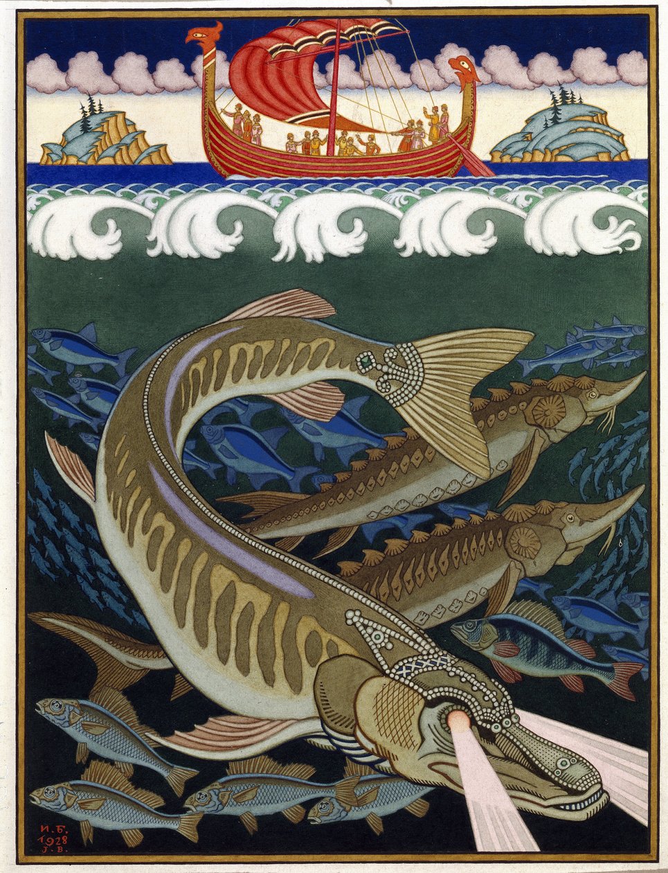 Deniz imparatorluğu (Deniz İmparatorluğu). Rus geleneksel masalı. Ivan Yakovlevich Bilibin (Bilibin) (1876-1942), kağıt üzerine suluboya ve guaj çalışması by Ivan Yakovlevich Bilibin