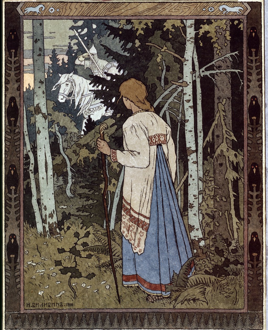 En Güzel ve Beyaz Süvari Vassilissa. (Güzel ve Beyaz Süvari Vasilisa). (Geleneksel Rus masalı). Ivan Yakovlevich Bilibin (Bilibin) (1876-1942), litografi çalışması by Ivan Yakovlevich Bilibin