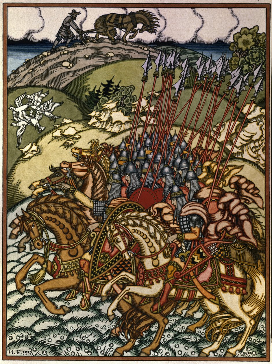 Volga Sviatoslavich (Vseslav de Polotsk (1039-1101 vers), büyük prens de Kiev de 1068 ve 1069) ve Mikula Selyaninovich (?). Oeuvre de Ivan Yakovlevich Bilibin (Bilibine) (1876-1942), litografi by Ivan Yakovlevich Bilibin