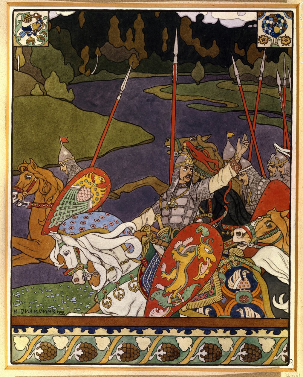 Volga Svyatoslavich ve ordusu. (Volga Svyatoslavich ve Ordusu). Kuzey Rus folklorundan ilham alan efsanevi destanlar için illüstrasyon. Ivan Yakovlevich Bilibin (Bilibin) (1876-1942), litografi çalışması by Ivan Yakovlevich Bilibin