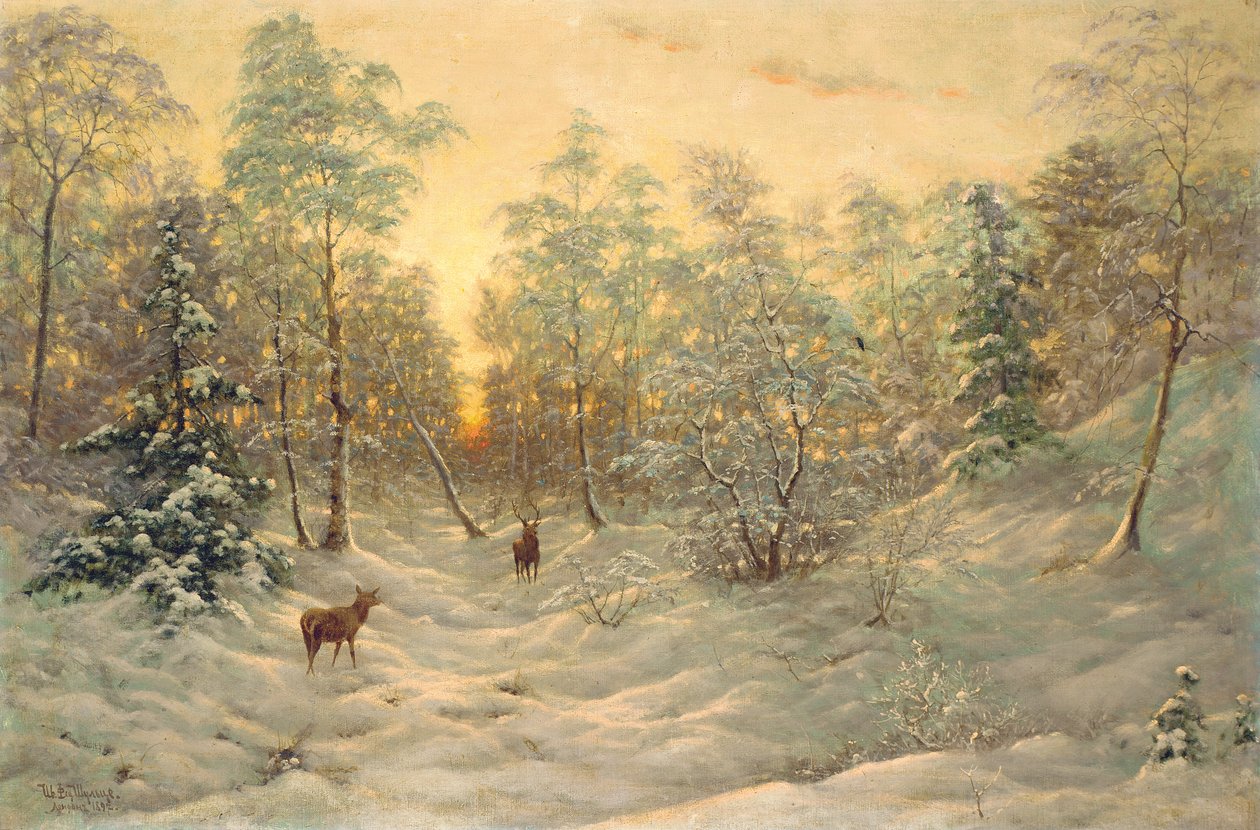 Alacakaranlıkta karlı bir manzarada geyik by Ivan Fedorovich Choultse