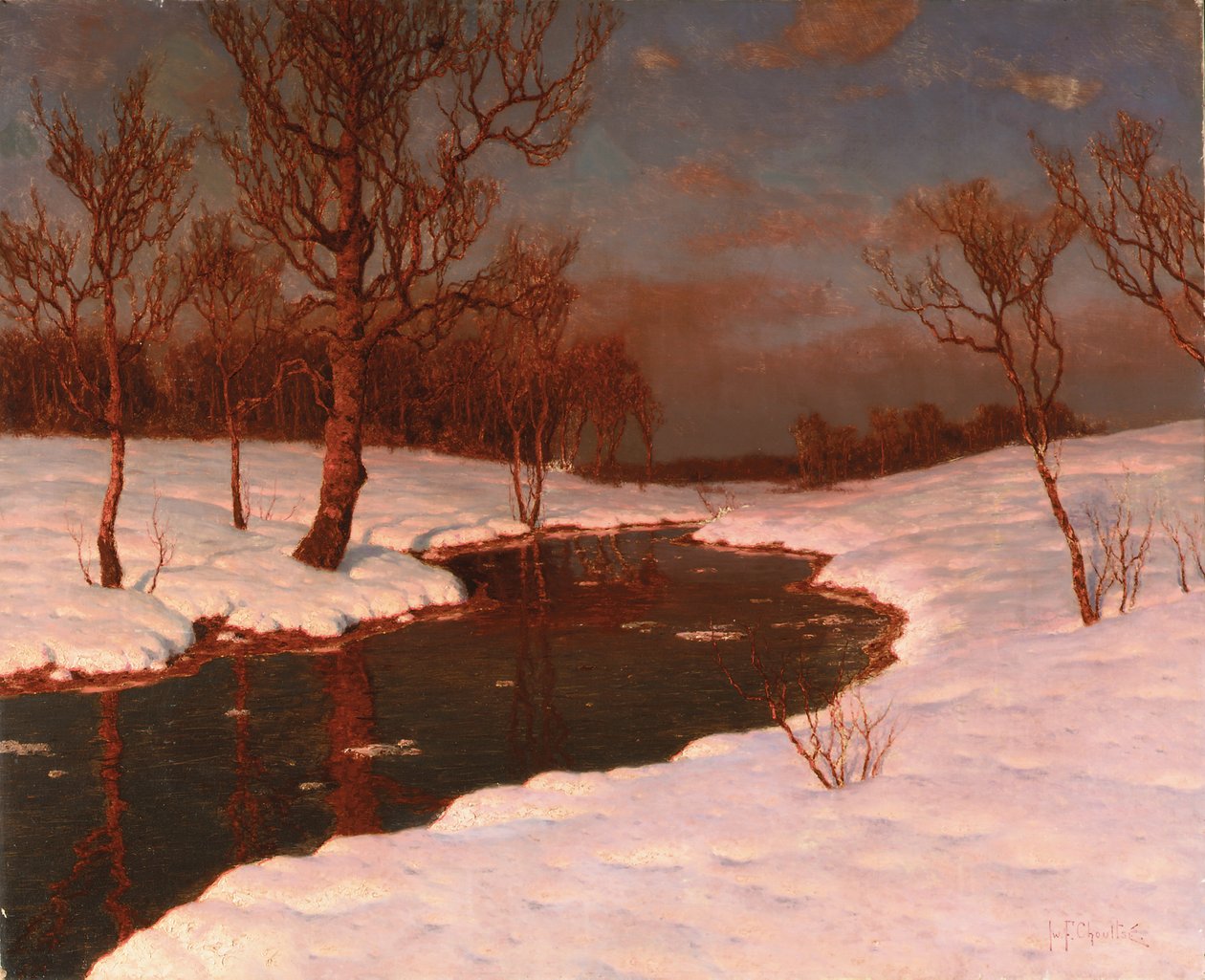 Karlı Nehir Manzarasında Günbatımı by Ivan Fedorovich Choultse