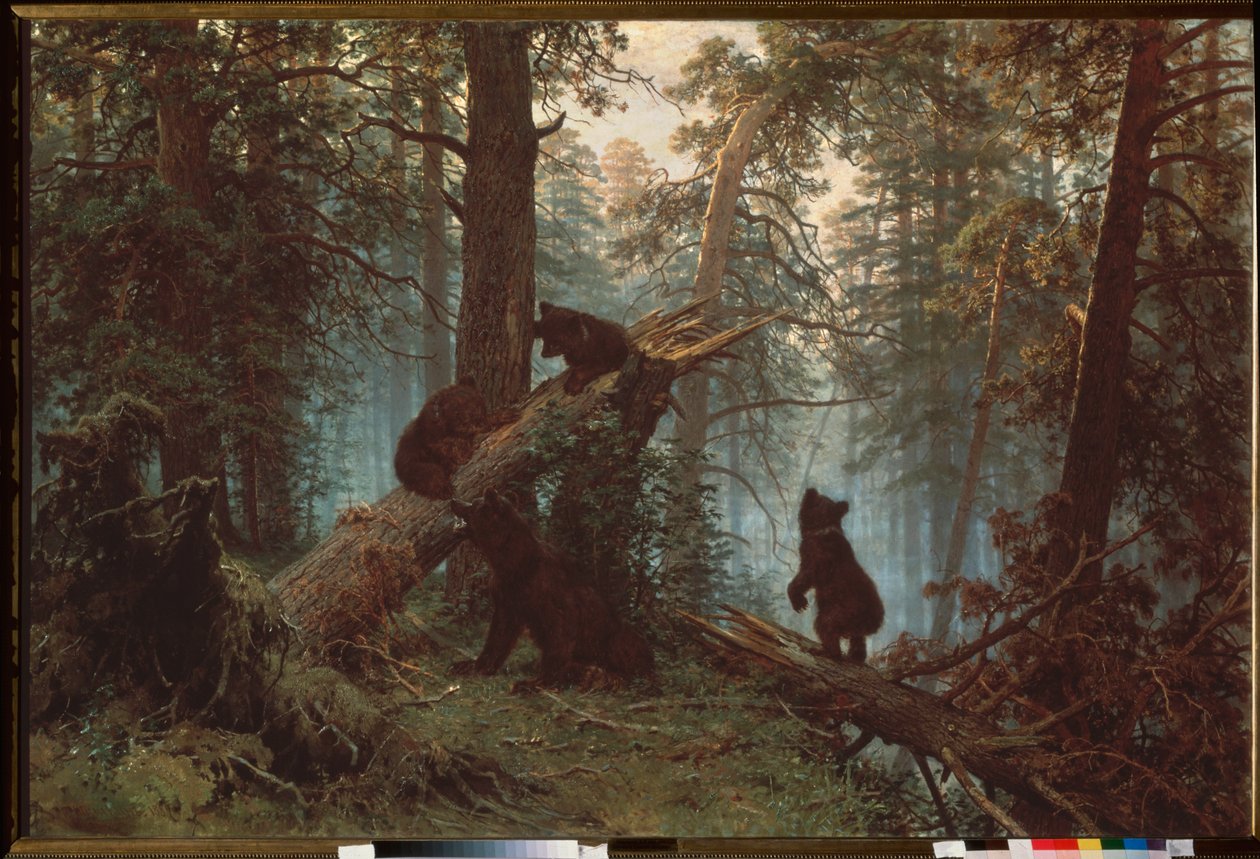 Bir çam ormanında sabah (Üç ayı yavrusu düşmüş bir ağaca tırmanır, annelerinin bakışları altında) - Bir çam ormanında sabah - Tablo Ivan Ivanovich Shishkin (Shishkin) (1832-1898), tuval üzerine yağlıboya by Ivan Ivanovich Shishkin