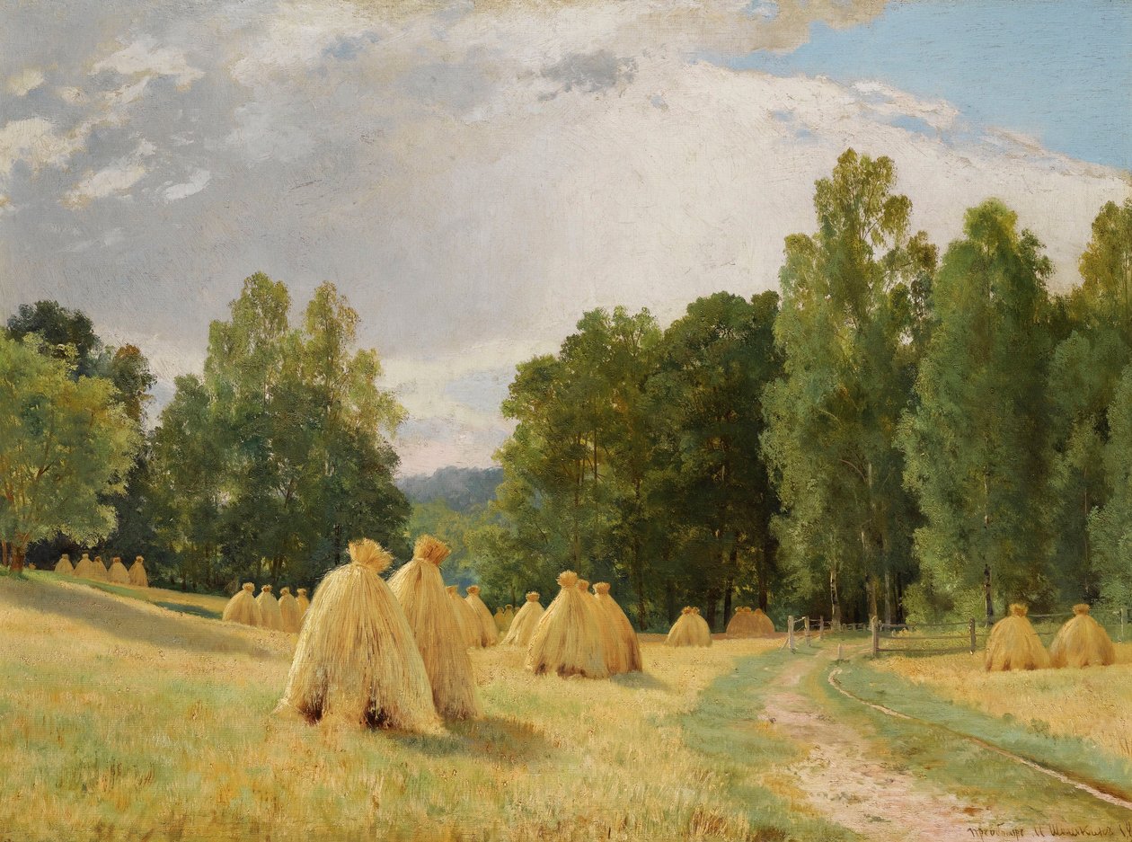"""Preobrazhenskoie, Rusya'da Saman Yığınları"" (Haystacks, Preobrazhenskoe) Tablo Ivan Chichkine (1832-1898) - 1890 - Tuval üzerine yağlı boya Dim 70.5x93 cm Özel Koleksiyon by Ivan Ivanovich Shishkin