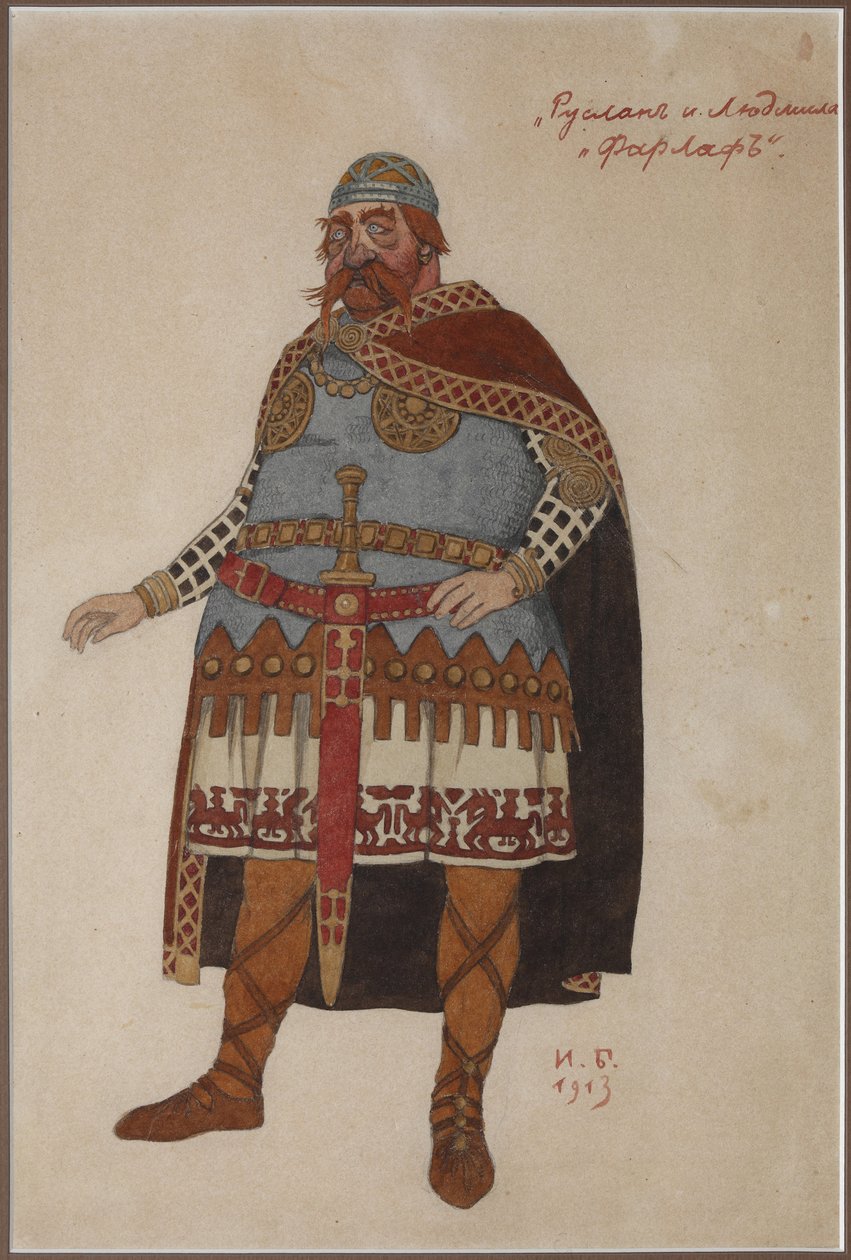 M. Glinka par Bilibin, Ivan Yakovlevich (1876-1942) tarafından Ruslan ve Lyudmila operası için kostüm tasarımı. Karton üzerine suluboya by Ivan Yakovlevich Bilibin