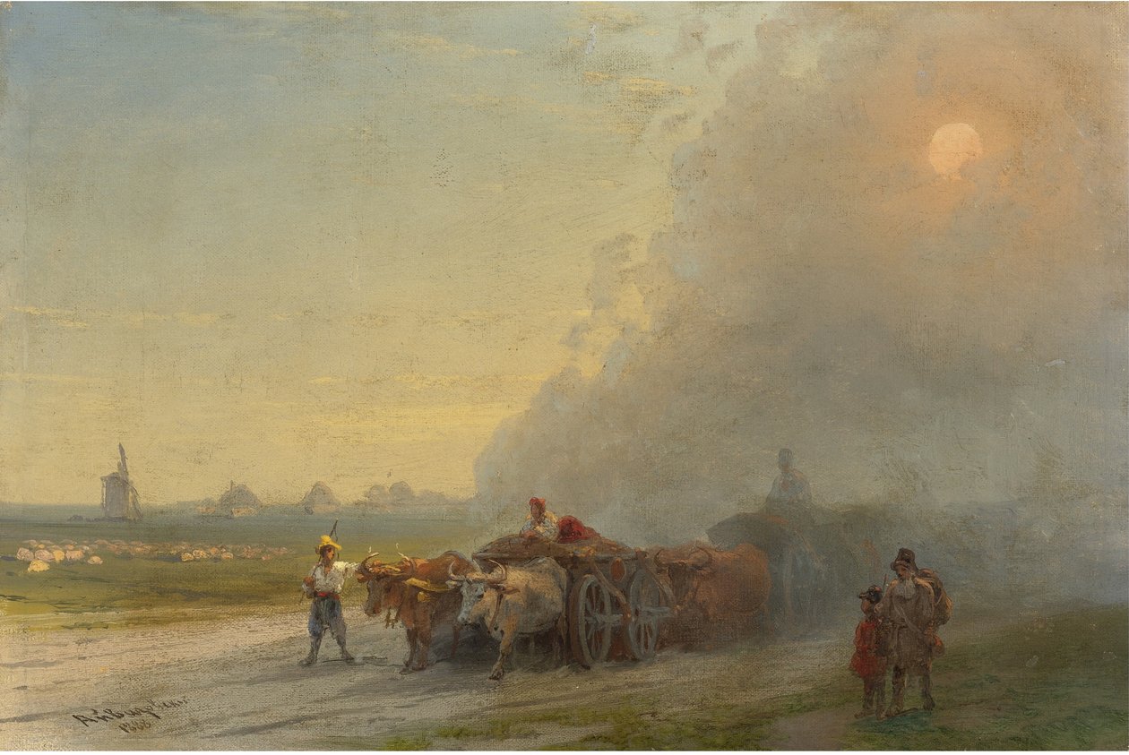 "Ukrayna Bozkırında Kağnı Arabaları" (Ukrayna Bozkırında Kağnı Arabaları) Tablo Ivan Constantinovich Aivazowski (Aivazovsky 1817-1900) tarafından 1888 - Tuval üzerine yağlıboya Dim 26x38.7 cm Özel Koleksiyon by Ivan Konstantinovich Aivazovsky